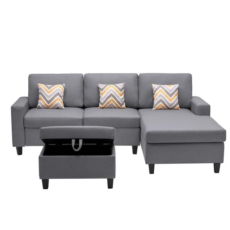 Nolan Gray Linen Fabric 4 Pc Reversible Sofa Chaise with Interchangeable Legs, Storage Ottoman, and Pillows. Picture 6