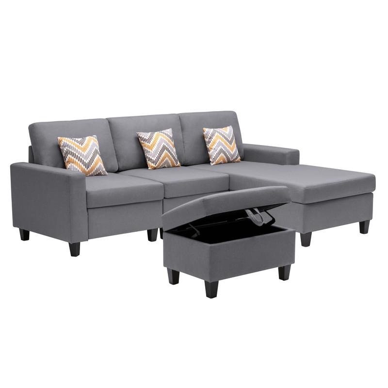 Nolan Gray Linen Fabric 4 Pc Reversible Sofa Chaise with Interchangeable Legs, Storage Ottoman, and Pillows. Picture 5