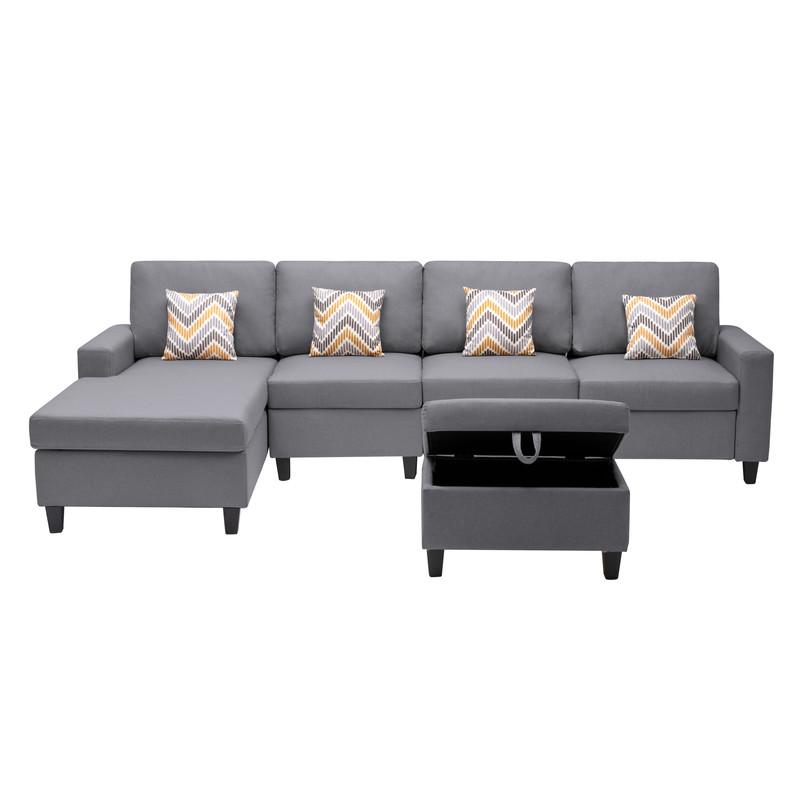 Nolan Gray Linen Fabric 5Pc Reversible Sofa Chaise with Interchangeable Legs, Storage Ottoman, and Pillows. Picture 6