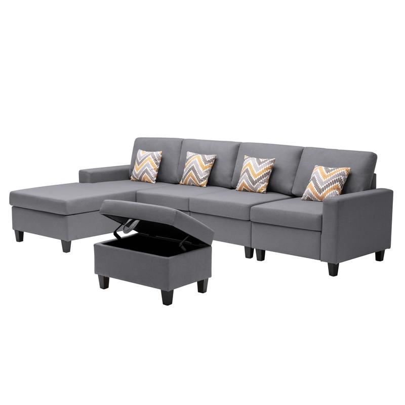 Nolan Gray Linen Fabric 5Pc Reversible Sofa Chaise with Interchangeable Legs, Storage Ottoman, and Pillows. Picture 5