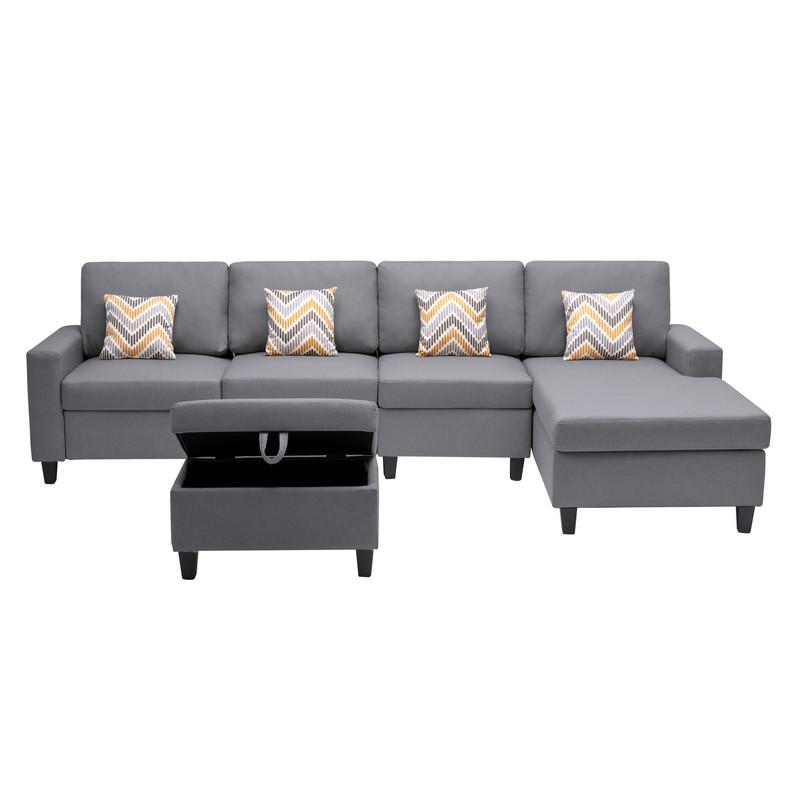 Nolan Gray Linen Fabric 5 Pc Reversible Sofa Chaise with Interchangeable Legs, Storage Ottoman, and Pillows. Picture 6