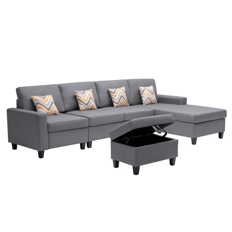 Nolan Gray Linen Fabric 5 Pc Reversible Sofa Chaise with Interchangeable Legs, Storage Ottoman, and Pillows. Picture 5