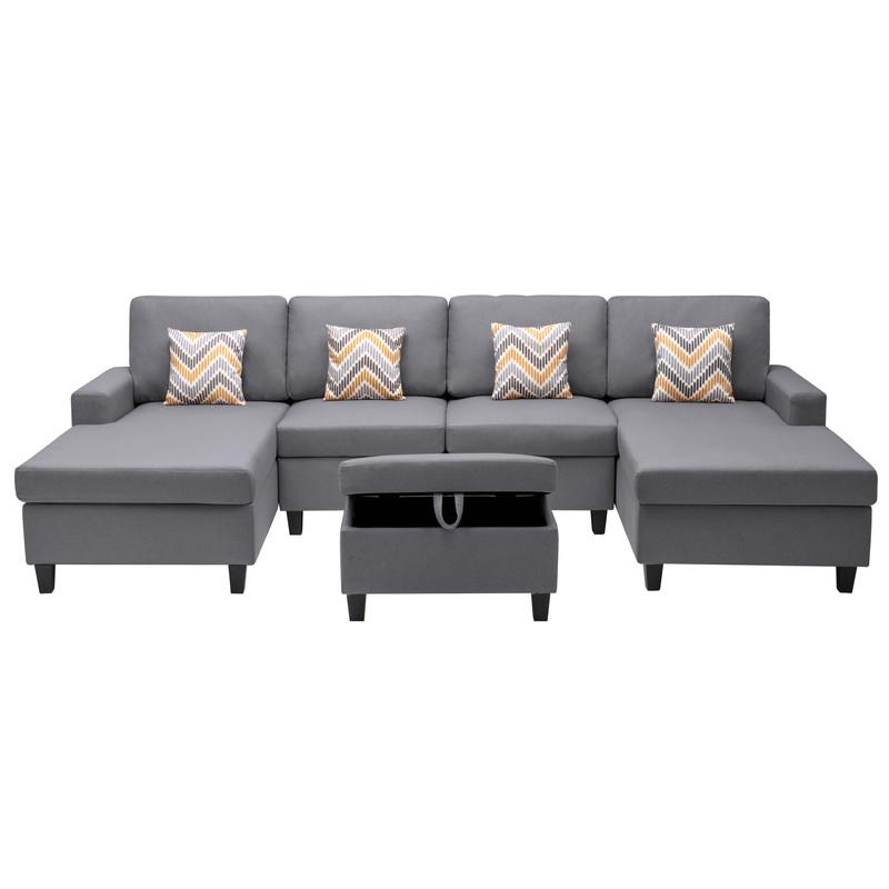 Nolan Gray Linen Fabric 5Pc Double Chaise Sectional Sofa with Interchangeable Legs, Storage Ottoman, and Pillows. Picture 6