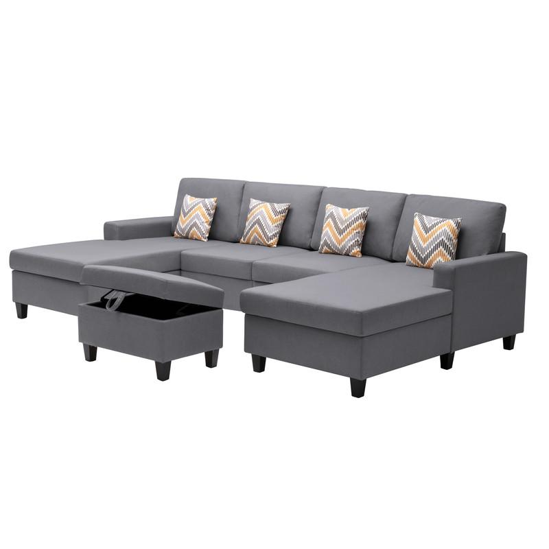 Nolan Gray Linen Fabric 5Pc Double Chaise Sectional Sofa with Interchangeable Legs, Storage Ottoman, and Pillows. Picture 5