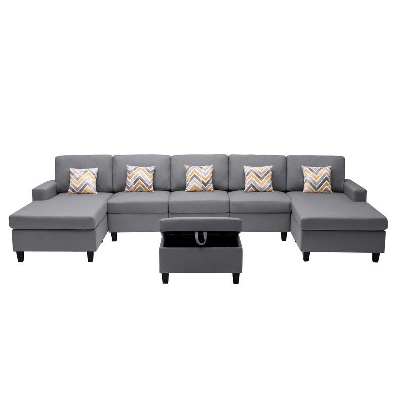 Nolan Gray Linen Fabric 6Pc Double Chaise Sectional Sofa with Interchangeable Legs, Storage Ottoman, and Pillows. Picture 6
