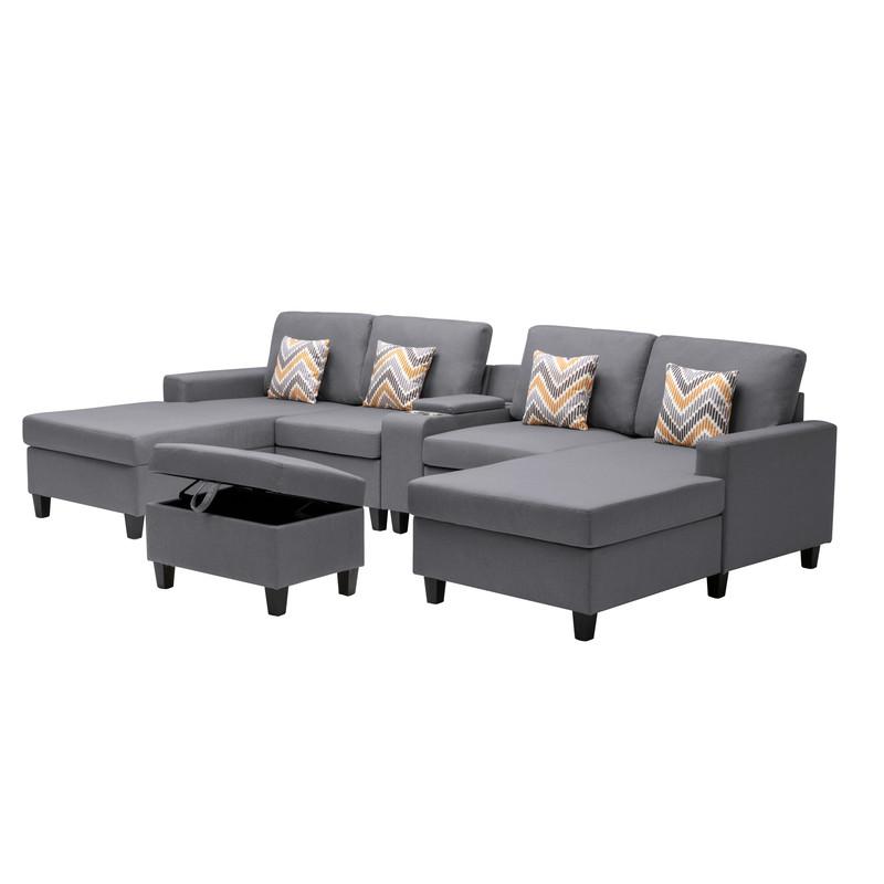 Nolan Gray Linen Fabric 6Pc Double Chaise Sectional Sofa with Interchangeable Legs, Storage Ottoman, Pillows, and a USB, Charging Ports, Cupholders, Storage Console Table. Picture 5