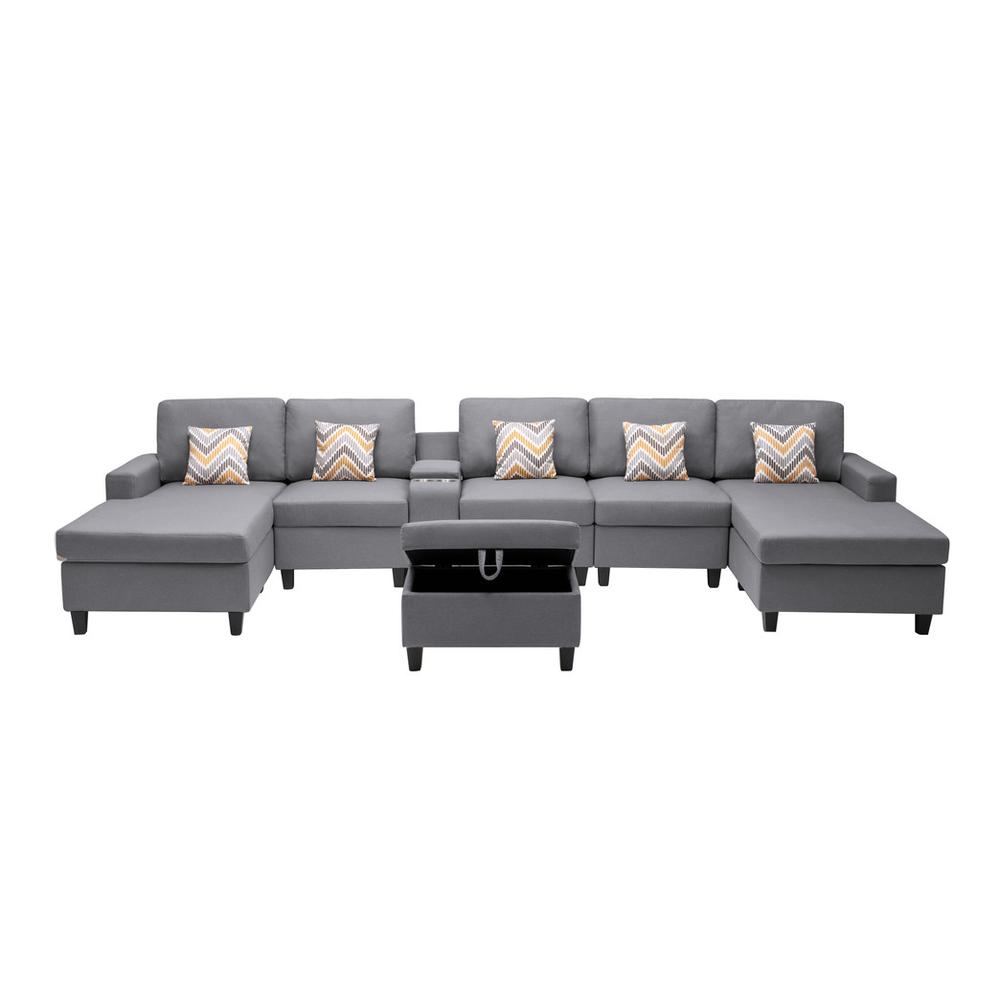 Nolan Gray-Linen Fabric 7Pc Double Chaise Sectional Sofa with Interchangeable Legs, Storage Ottoman, Pillows, and a USB, Charging Ports, Cupholders, Storage Console Table. Picture 6