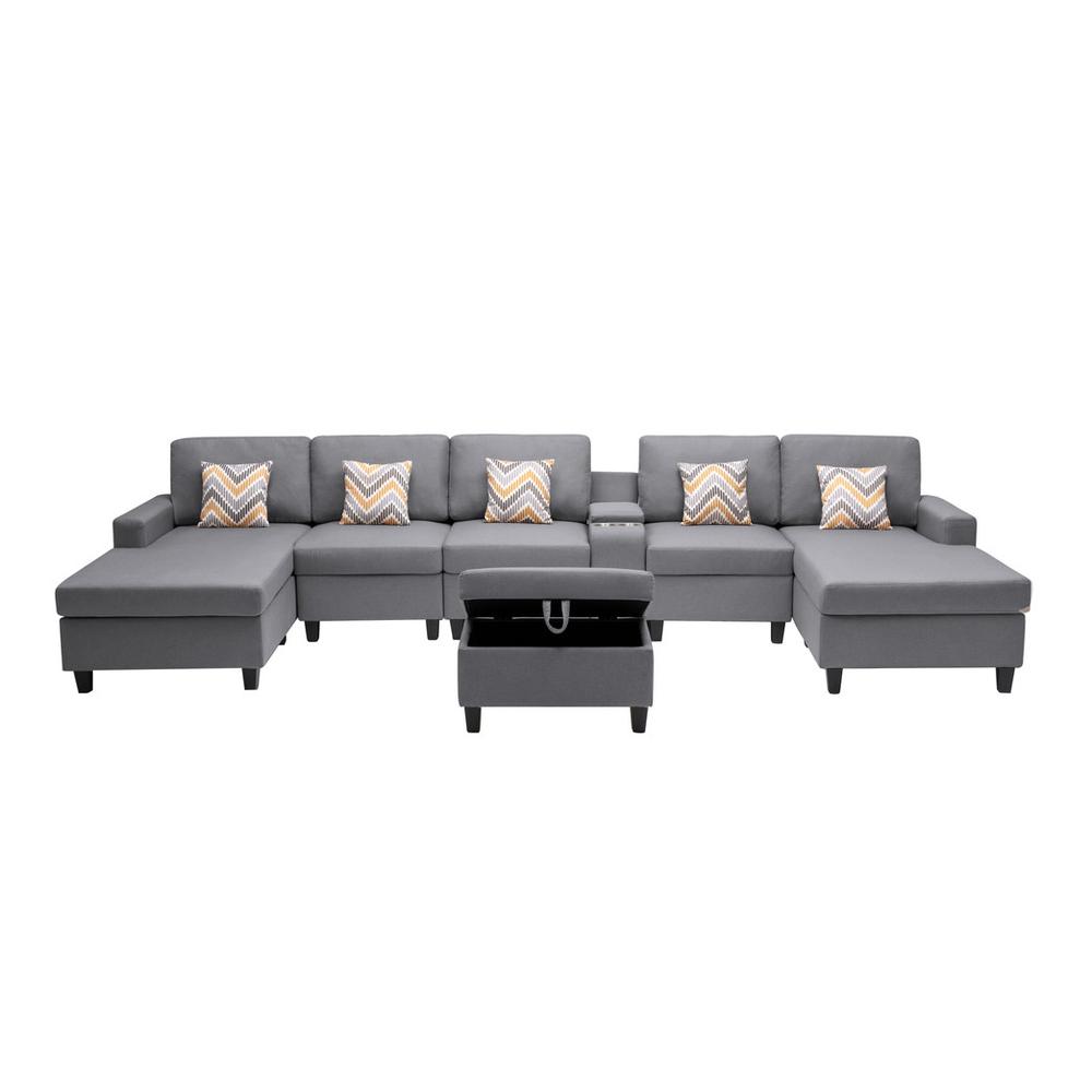 Nolan Gray-Linen Fabric 7Pc Double Chaise Sectional Sofa with Interchangeable Legs, Storage Ottoman, Pillows, and a USB, Charging Ports, Cupholders, Storage Console Table. Picture 7