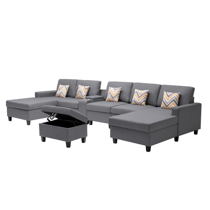 Nolan Gray-Linen Fabric 7Pc Double Chaise Sectional Sofa with Interchangeable Legs, Storage Ottoman, Pillows, and a USB, Charging Ports, Cupholders, Storage Console Table. Picture 5