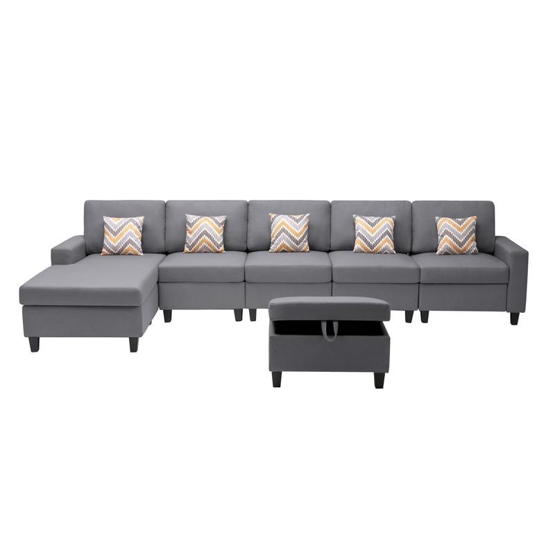 Nolan Gray Linen Fabric 6Pc Reversible Sectional Sofa Chaise with Interchangeable Legs, Pillows and Storage Ottoman. Picture 6