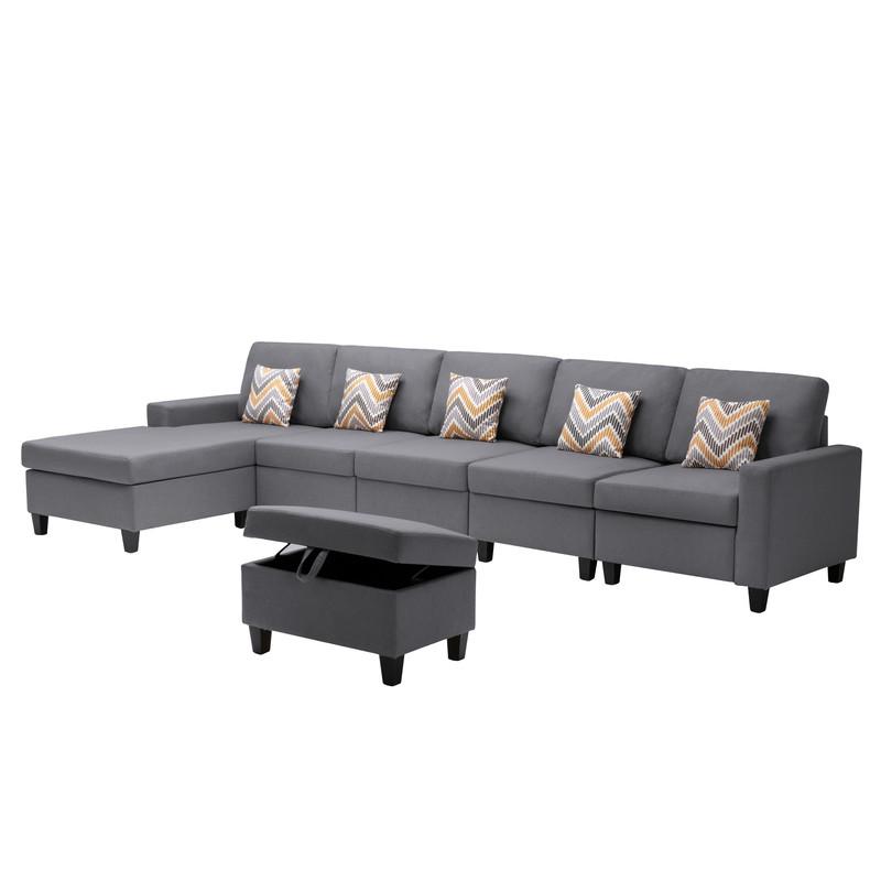 Nolan Gray Linen Fabric 6Pc Reversible Sectional Sofa Chaise with Interchangeable Legs, Pillows and Storage Ottoman. Picture 5