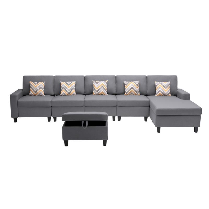 Nolan Gray Linen Fabric 6 Pc Reversible Sectional Sofa Chaise with Interchangeable Legs, Pillows and Storage Ottoman. Picture 5