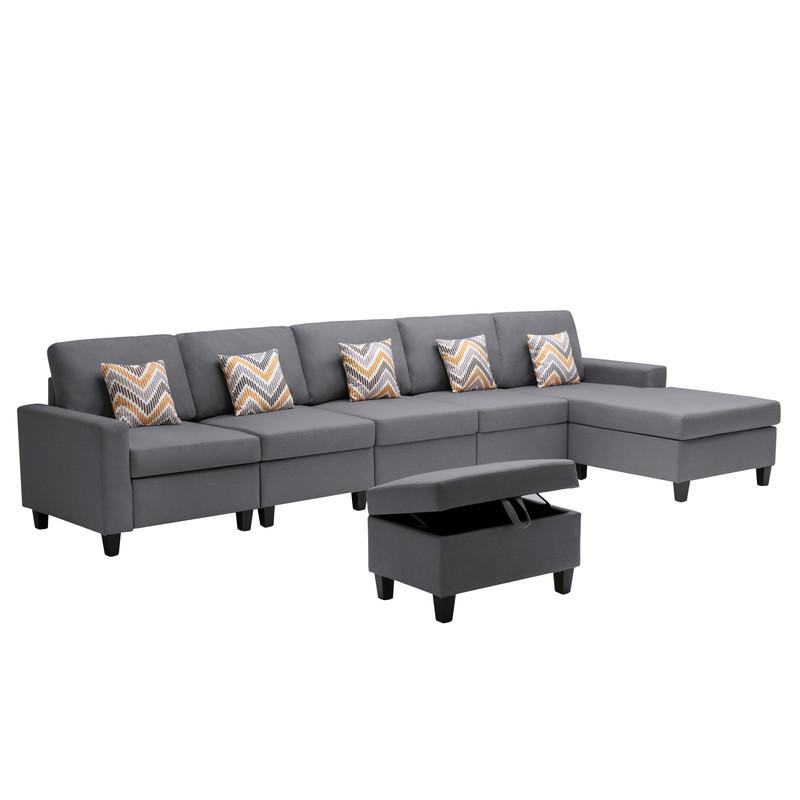 Nolan Gray Linen Fabric 6 Pc Reversible Sectional Sofa Chaise with Interchangeable Legs, Pillows and Storage Ottoman. Picture 6