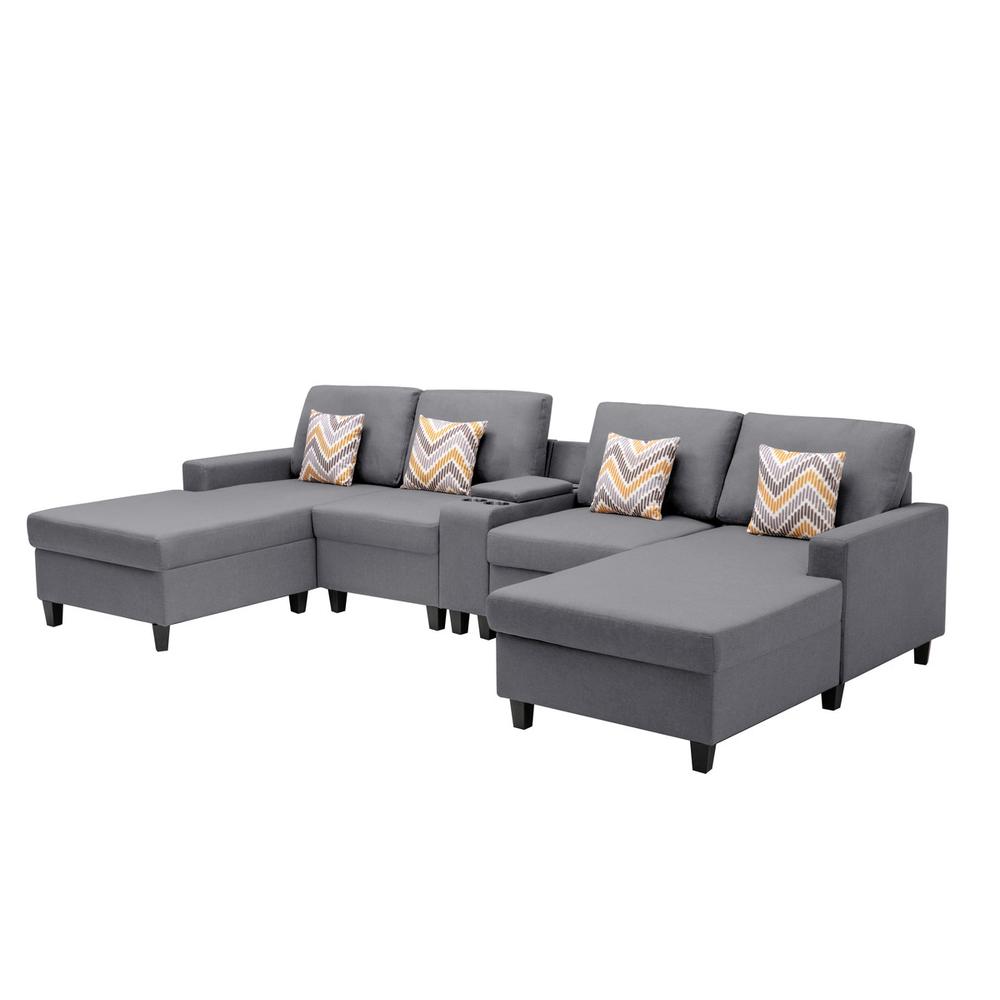 Nolan Gray Linen Fabric 5Pc Double Chaise Sectional Sofa with Interchangeable Legs, a USB, Charging Ports, Cupholders, Storage Console Table and Pillows. Picture 5