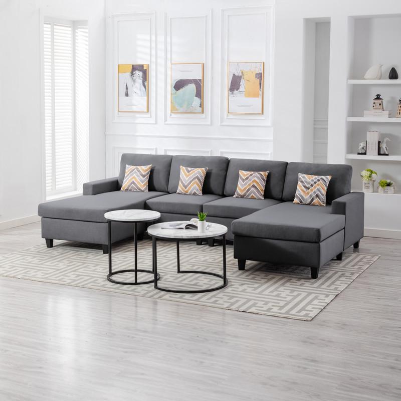 Nolan Gray Linen Fabric 4Pc Double Chaise Sectional Sofa with Pillows and Interchangeable Legs. Picture 4
