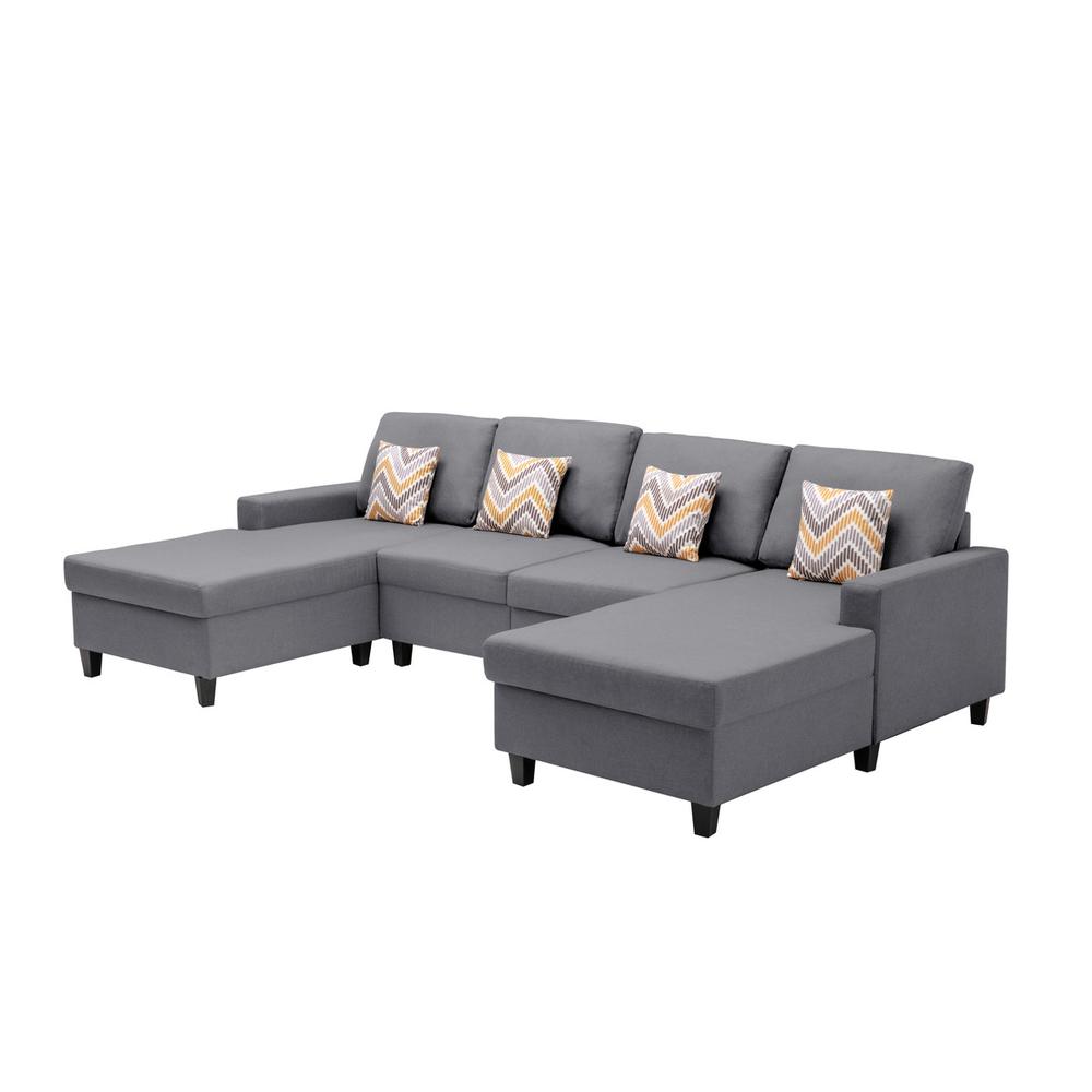 Nolan Gray Linen Fabric 4Pc Double Chaise Sectional Sofa with Pillows and Interchangeable Legs. Picture 5