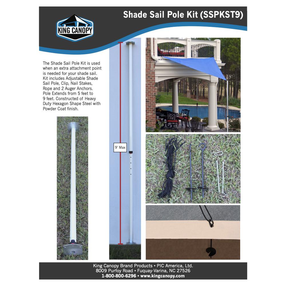 Sun Shade Sail 9-Feet Extension Pole Kit Contains Rope,Stakes and Snapclips. Picture 4