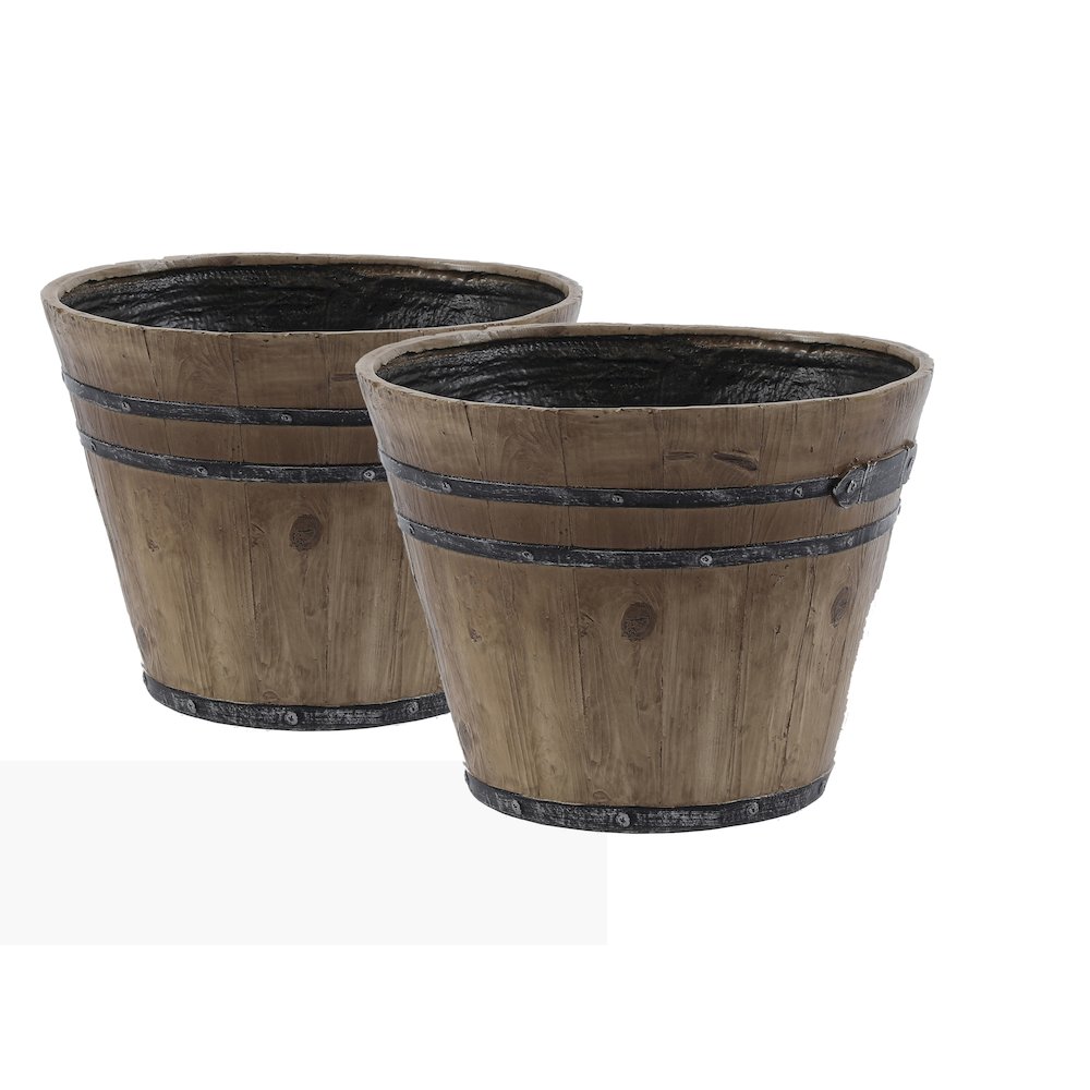 Set of 2 Rustic Finish Barrel Planters. Picture 1