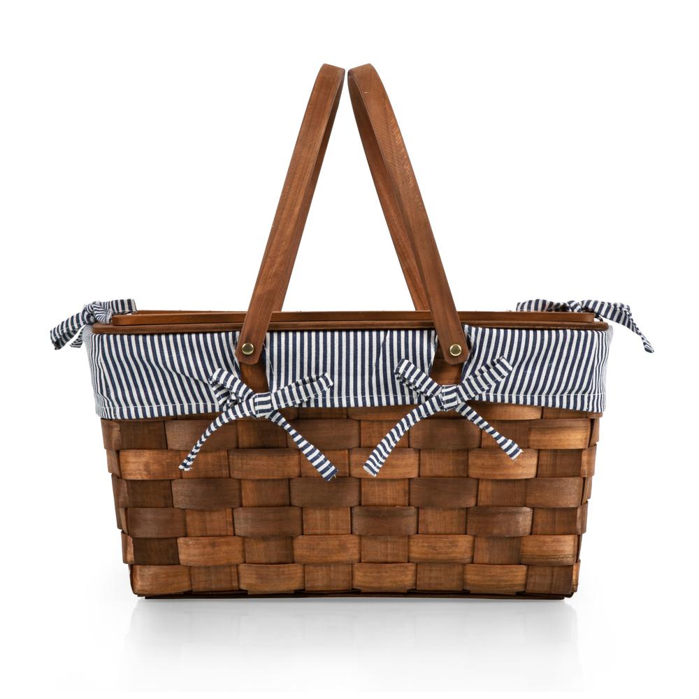 Kansas Handwoven Wood Picnic Basket, (Navy Blue & White Stripe). Picture 5