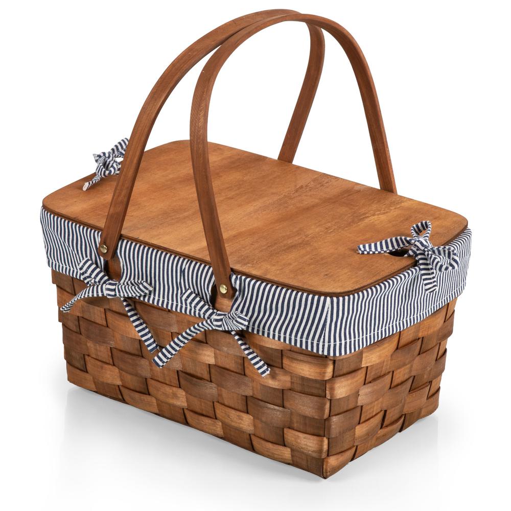 Kansas Handwoven Wood Picnic Basket, (Navy Blue & White Stripe). Picture 2