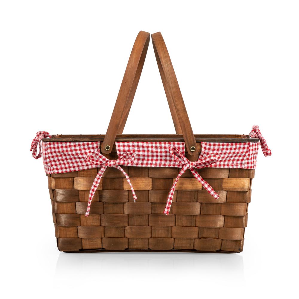 Kansas Handwoven Wood Picnic Basket, (Red & White Gingham Pattern). Picture 5