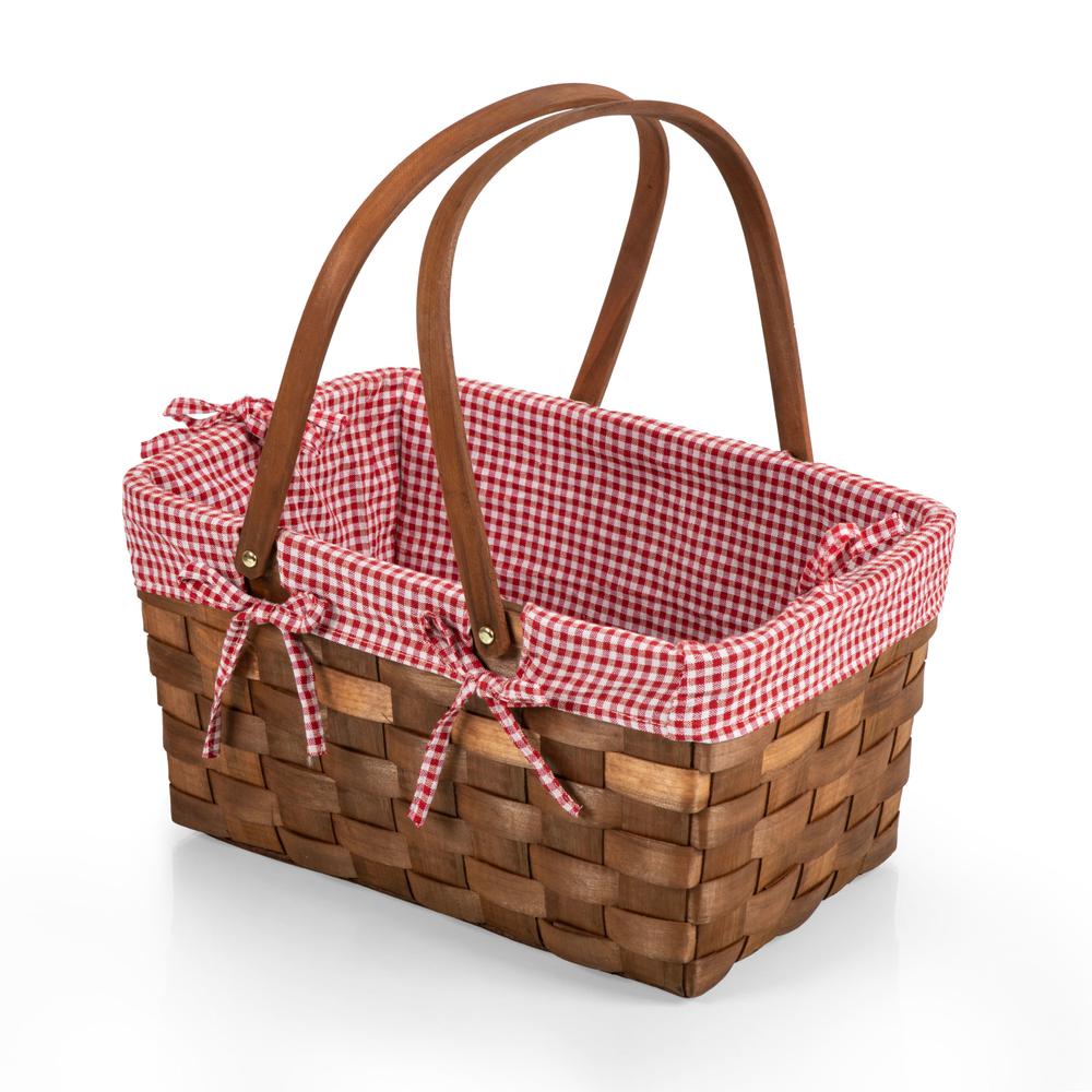 Kansas Handwoven Wood Picnic Basket, (Red & White Gingham Pattern). Picture 4