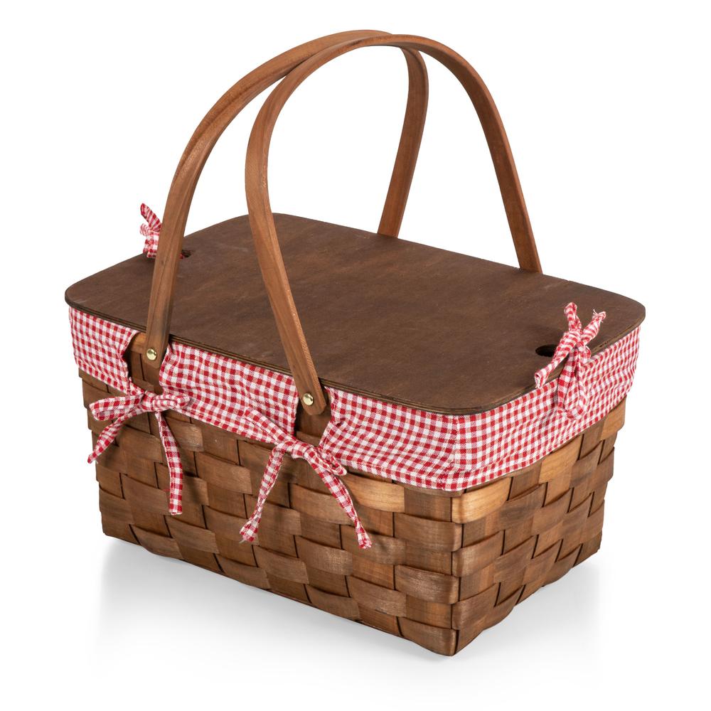 Kansas Handwoven Wood Picnic Basket, (Red & White Gingham Pattern). Picture 2