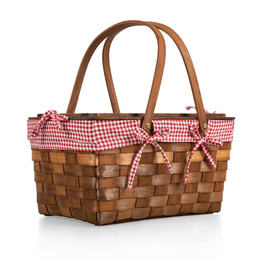 Kansas Handwoven Wood Picnic Basket, (Red & White Gingham Pattern). The main picture.