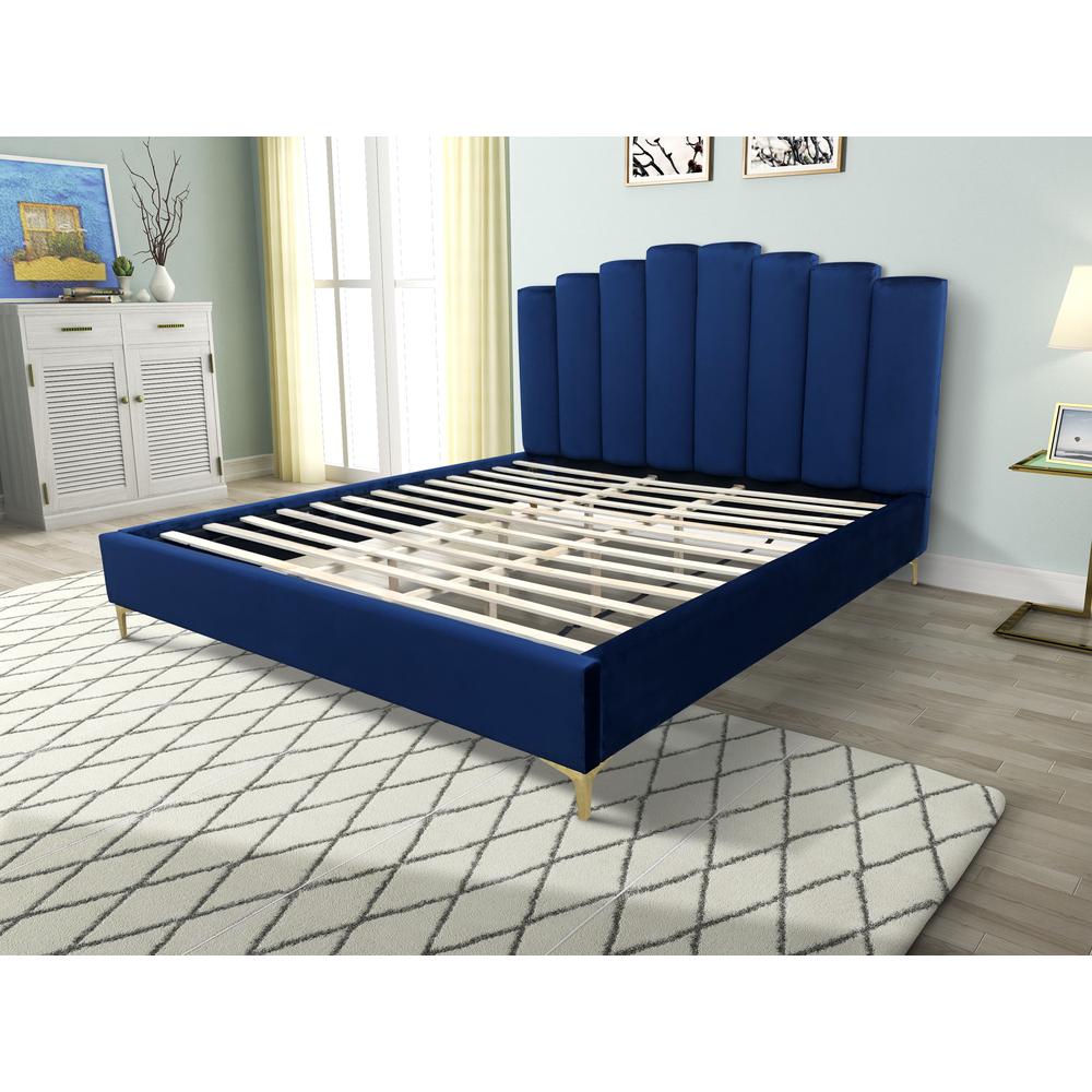 Sicily Velvet Fabric Queen Platform Bed in Blue. Picture 3