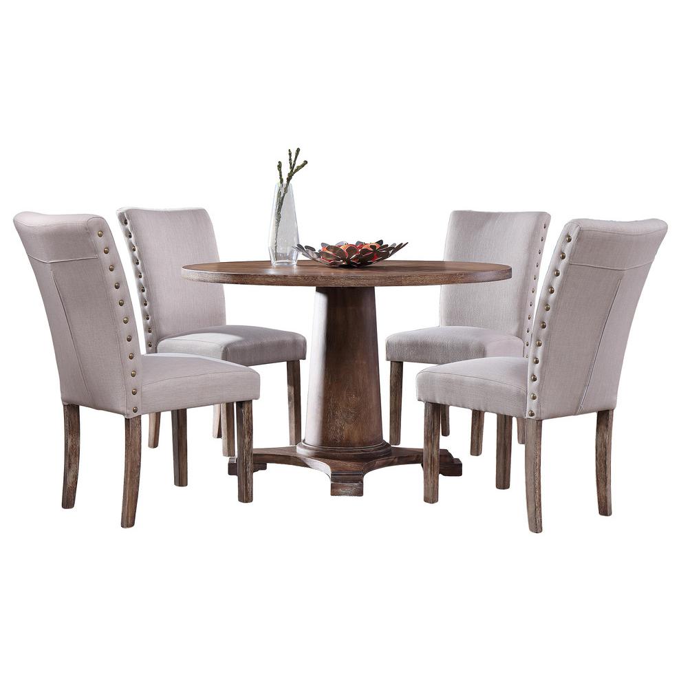 Best Master Carey 5-Piece Solid Wood Round Dining Set in Antique Natural Oak. Picture 1