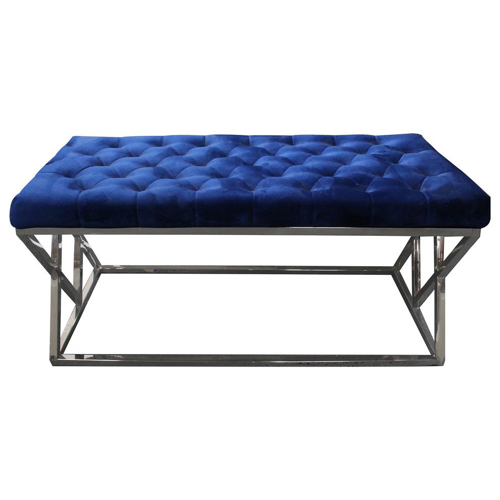 Best Master Tufted Velvet Upholstered Bench with Stainless Steel Frame in Blue. Picture 1