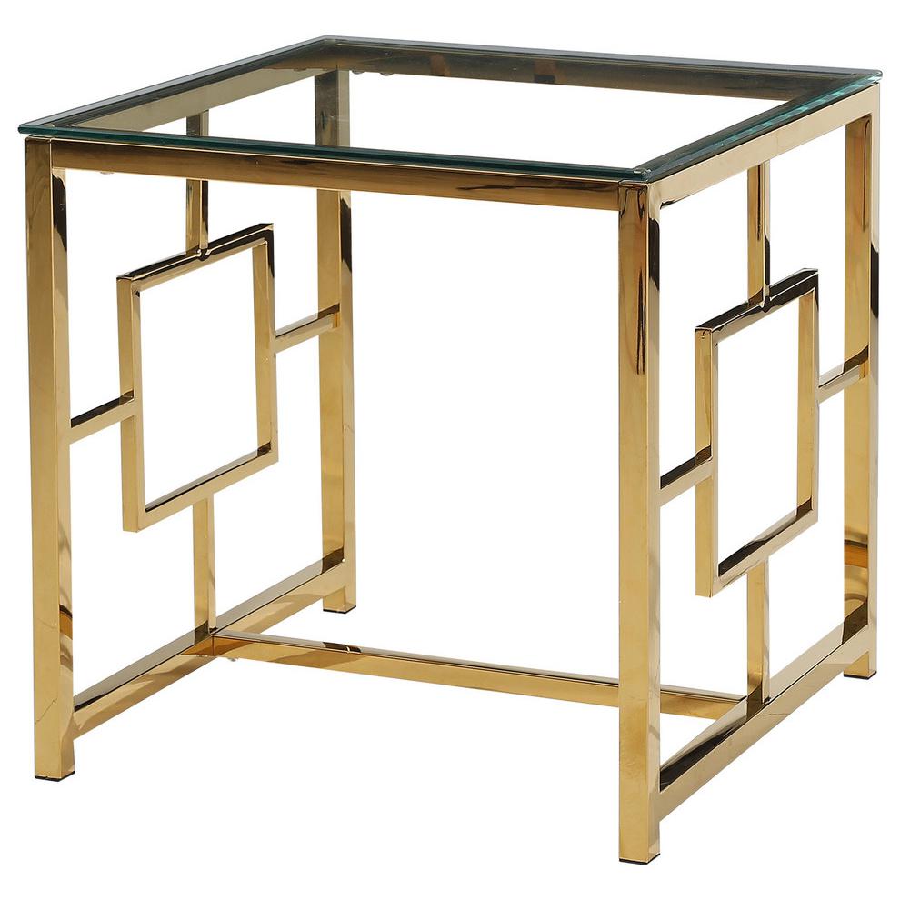Best Master Stainless Steel and Glass End Table in Clear/Gold Base. Picture 1