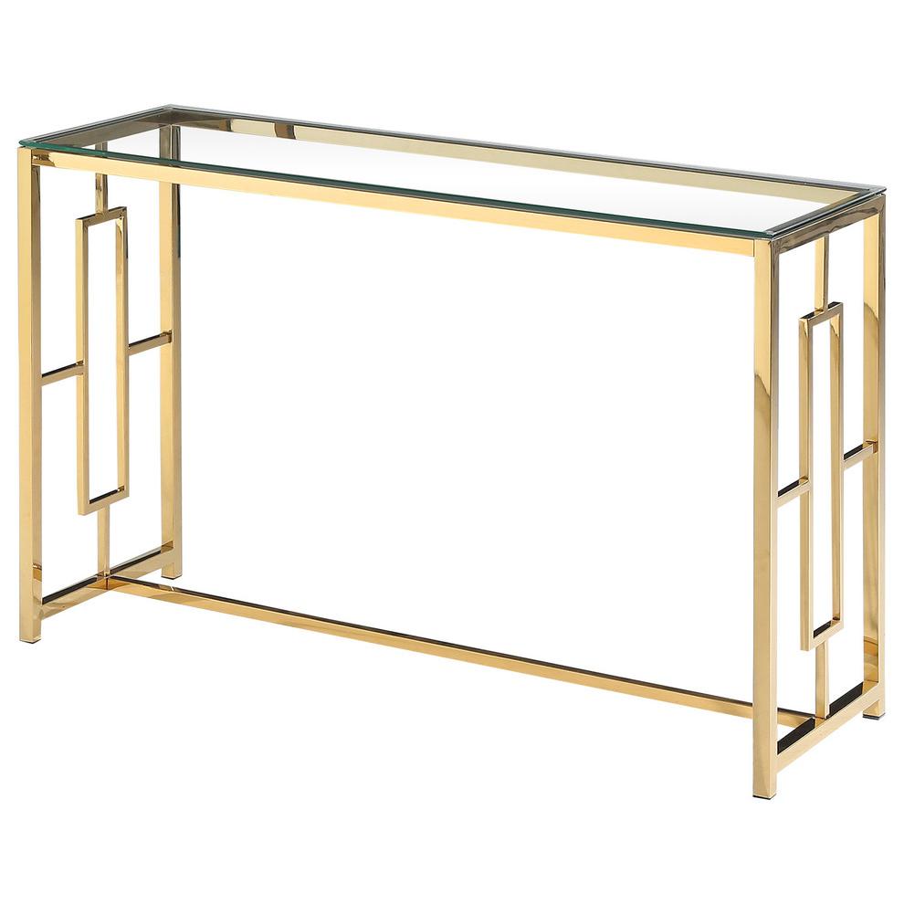 Best Master Stainless Steel and Glass Console Table in Clear/Gold Base. Picture 1