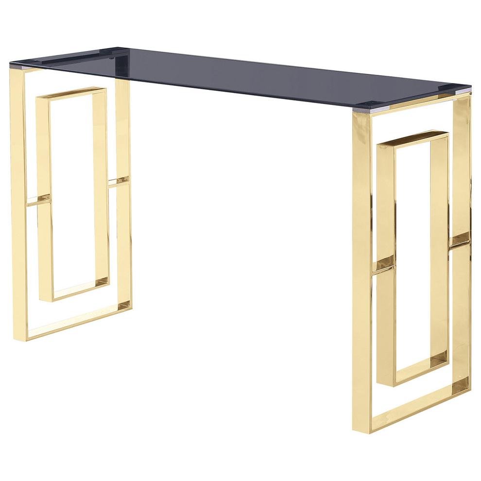 Best Master Mallory Stainless Steel and Smoked Glass Console Table in Gold. Picture 1
