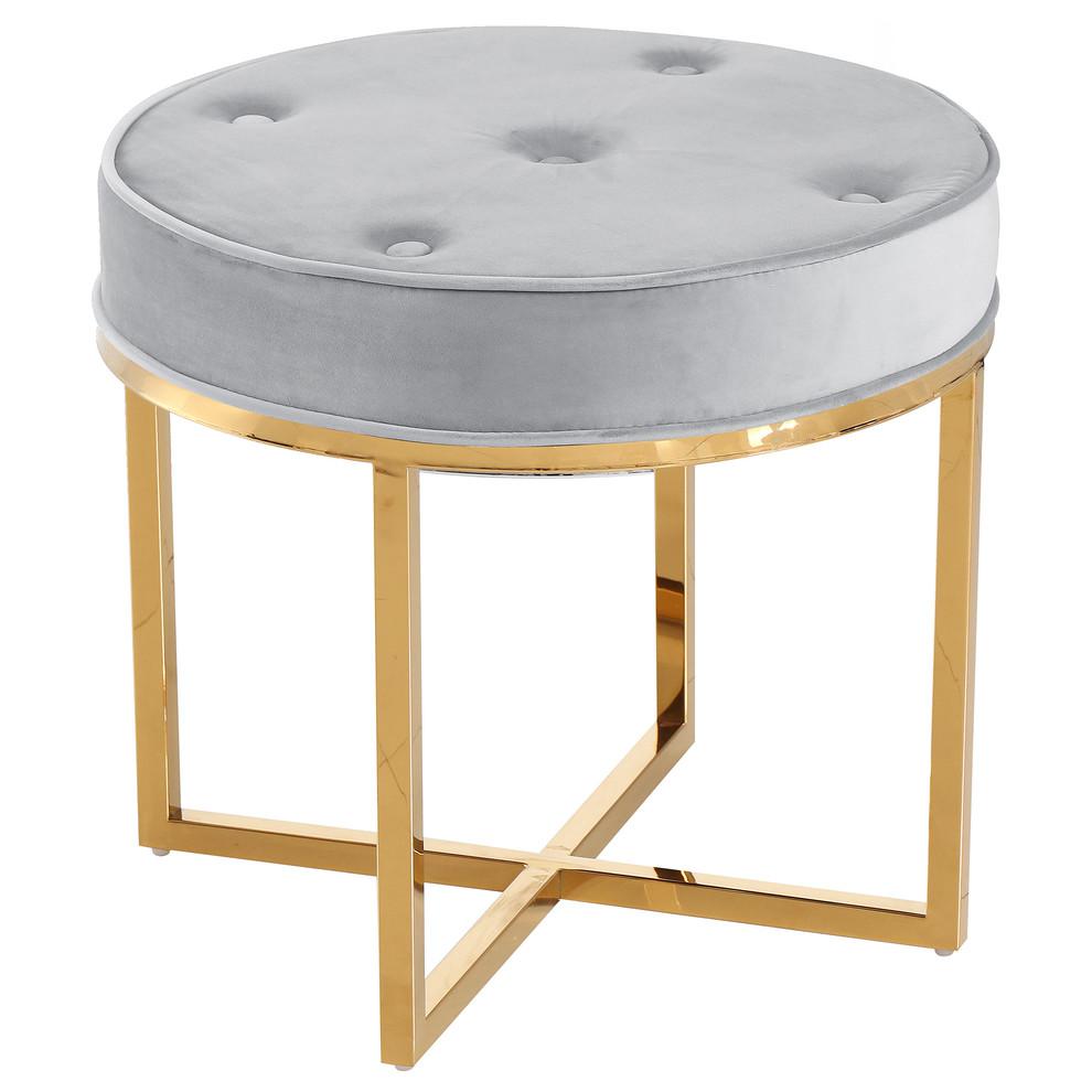 Best Master Furniture Round Velvet Tufted Accent Stool in Gray/Gold Base. Picture 1