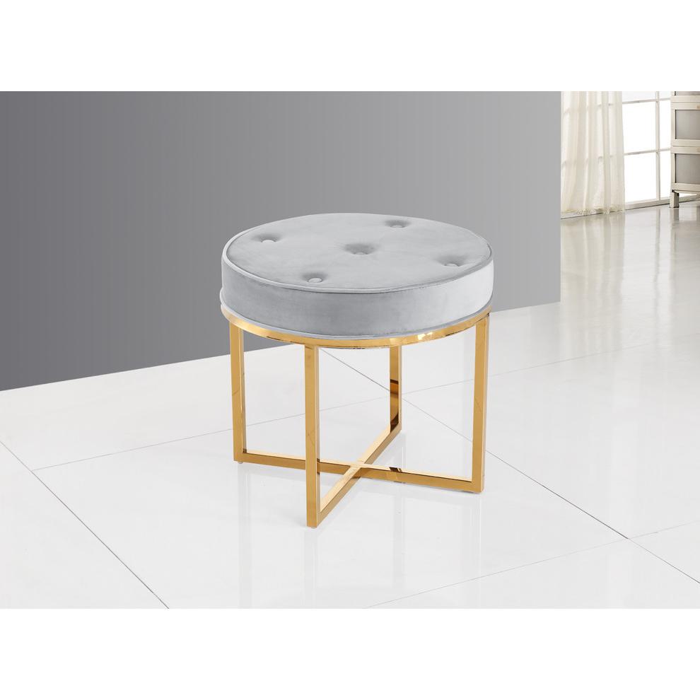 Best Master Furniture Round Velvet Tufted Accent Stool in Gray/Gold Base. Picture 3