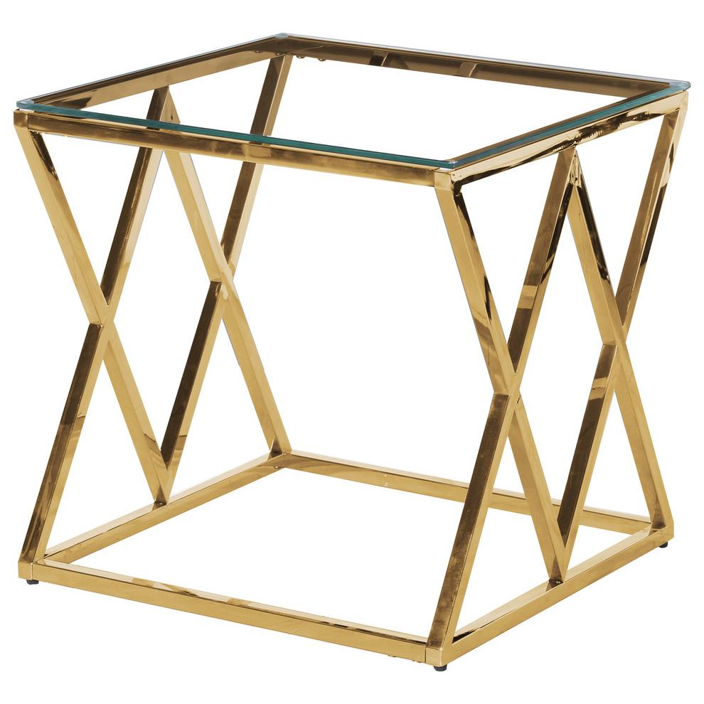 Best Master Square Stainless Steel and Glass End Table in Clear/Gold. Picture 1