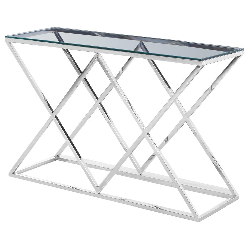 Best Master Mishie Angled Stainless Steel Clear Glass Console Table in Silver. Picture 1