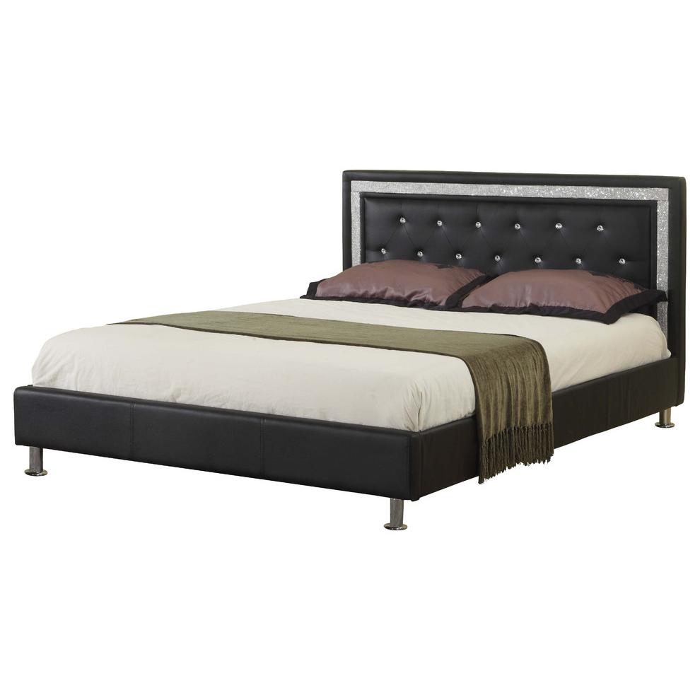 Best Master Faux Leather Queen Platform Bed with Crystal Tufted Buttons in Black. Picture 1