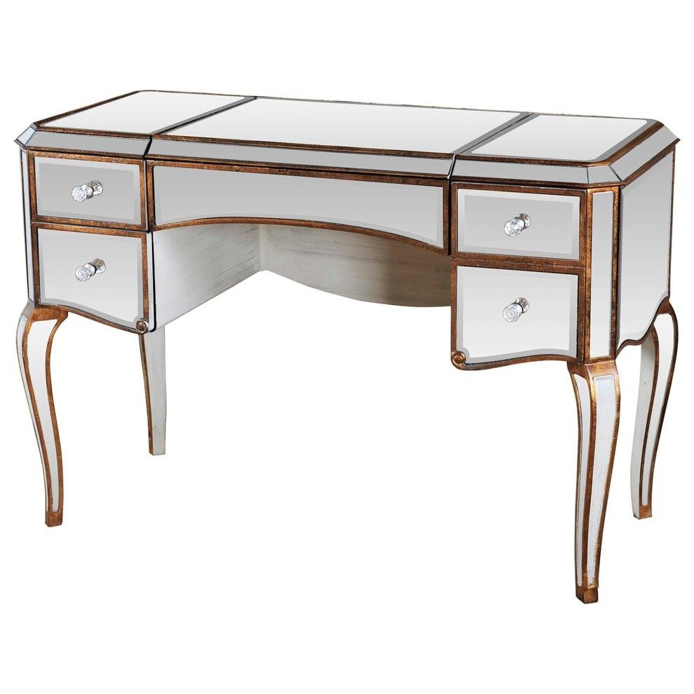 Best Master Solid Wood Jewelry Desk with Mirrored/Gold Trimmings. Picture 1