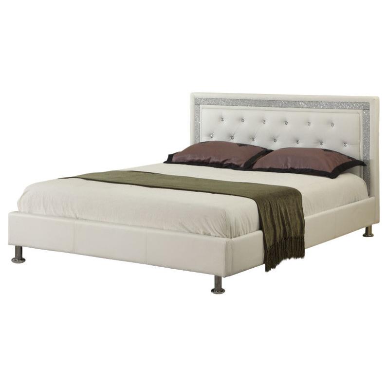 Best Master Faux Leather Queen Platform Bed with Crystal Tufted Buttons in White. Picture 1