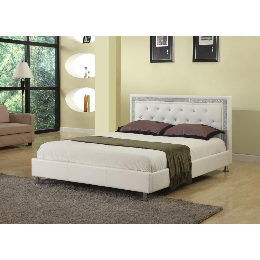 Best Master Faux Leather Queen Platform Bed with Crystal Tufted Buttons in White. Picture 2