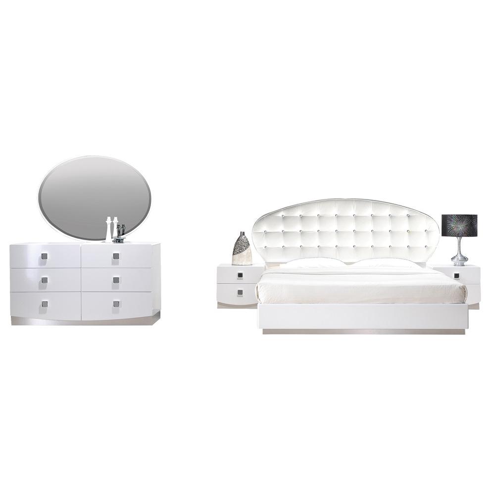 Best Master France 5-Piece Faux Leather Queen Bedroom Set in White Lacquer. Picture 1