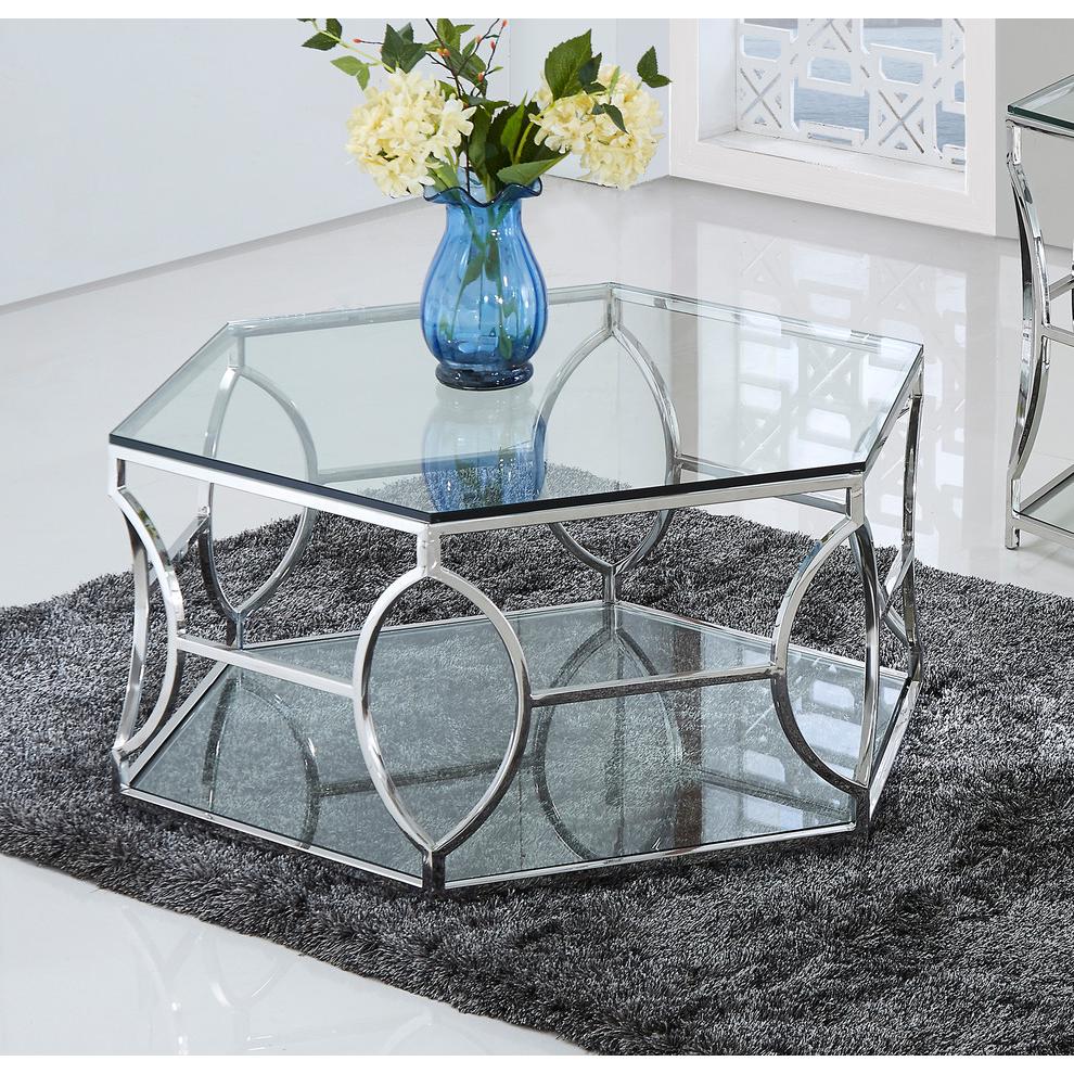 Hexagonal Silver Clear Glass Coffee Table. Picture 2