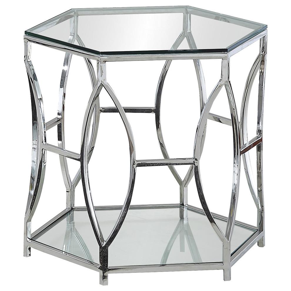 Best Master Furniture Brooke Hexagonal Glass and Steel Frame End Table in Silver. Picture 1