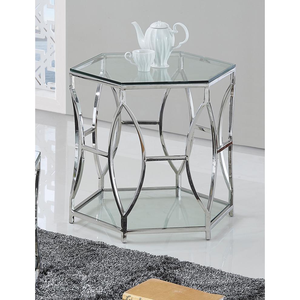 Best Master Furniture Brooke Hexagonal Glass and Steel Frame End Table in Silver. Picture 2