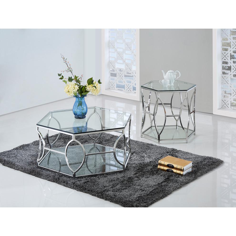 Best Master Furniture Brooke Hexagonal Glass and Steel Frame End Table in Silver. Picture 3