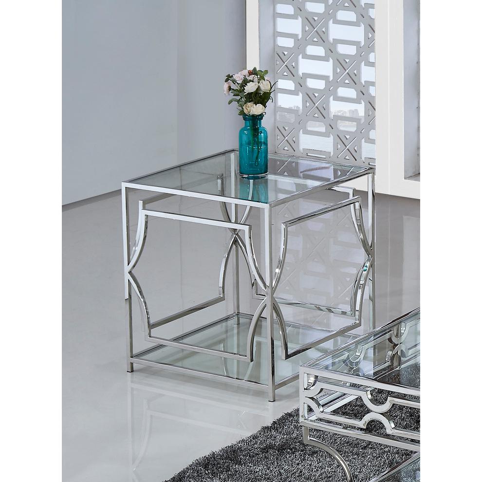 Best Master Furniture Abigail Glass and Stainless Steel Base End Table in Silver. Picture 2