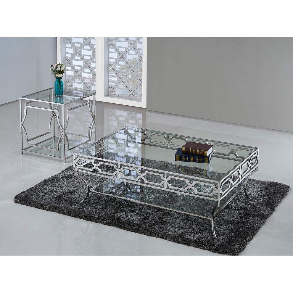 Best Master Furniture Abigail Glass and Stainless Steel Base End Table in Silver. Picture 3