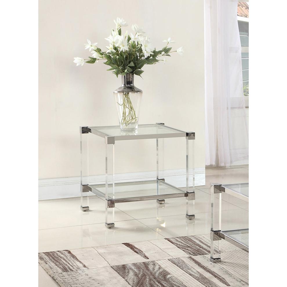 Best Master Furniture Monroe Clear Glass With Acrylic Legs End Table in Silver. Picture 2